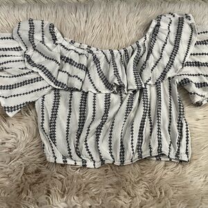 Paper Heart Boho/Indie Off-Shoulder Ruffle Crop Top in Blue and White